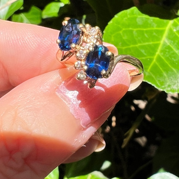 VINTAGE 14K GOLD BLUE SAPPHIRE DIAMOND TOI ET MOI RING ENGAGEMENT ANNIVERSARY - Picture 12 of 16